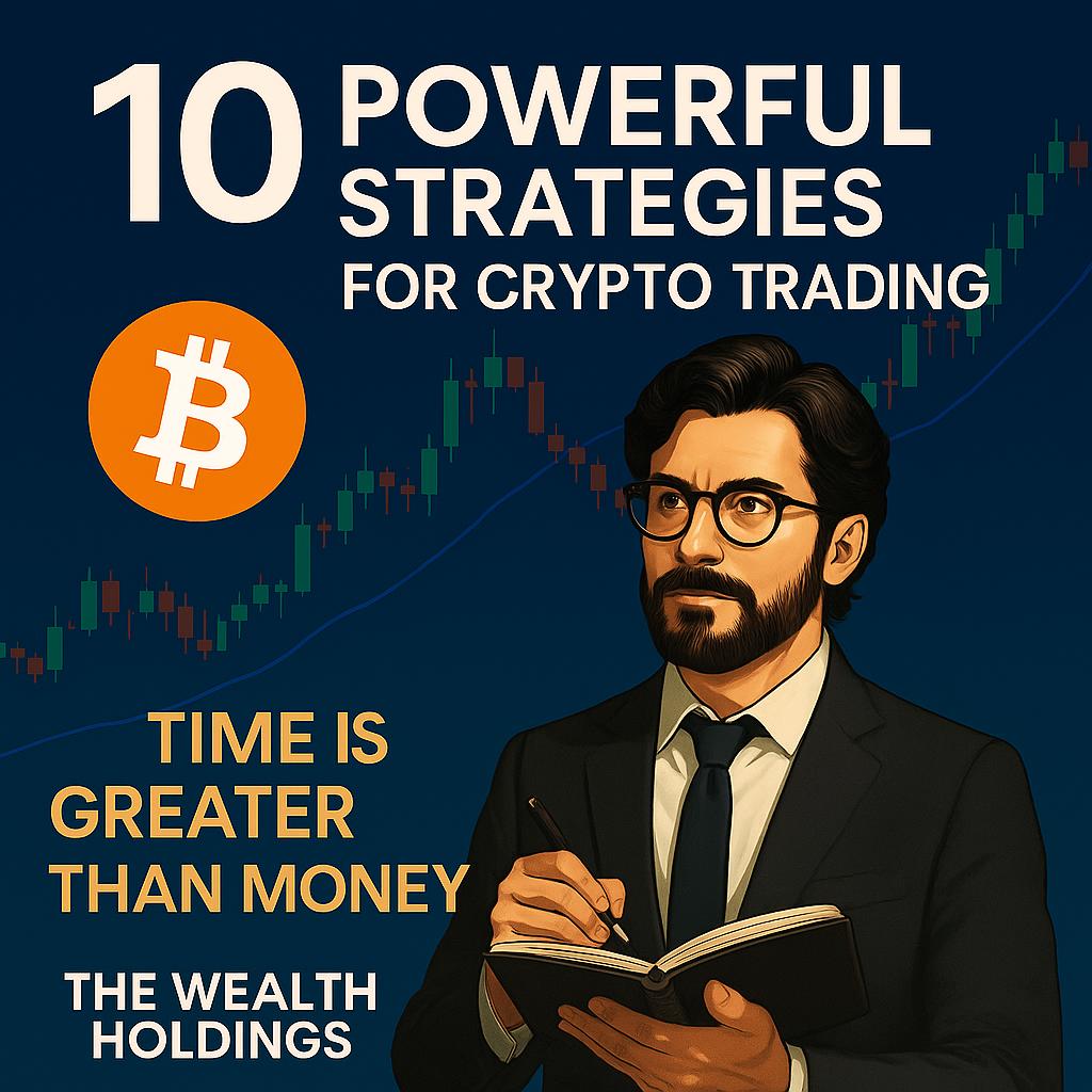 Illustration of a businessman with Bitcoin logo and trading chart background, promoting crypto trading strategies
