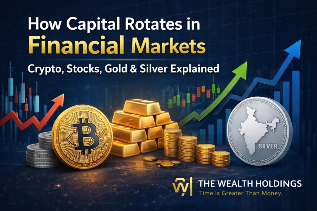 Capital rotation across crypto, stock market, gold and silver showing money flow between asset classes
