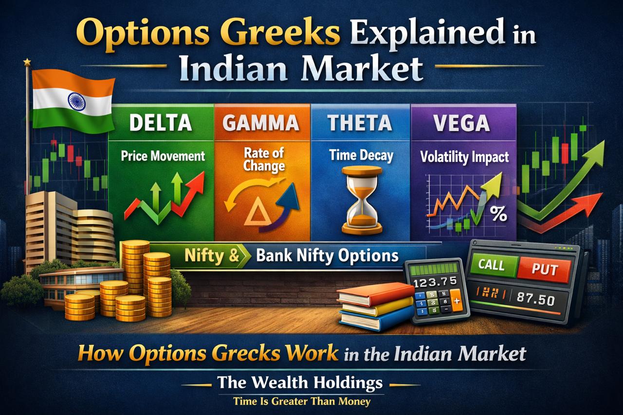 Options Greeks explained in the Indian market showing Delta, Gamma, Theta and Vega impact